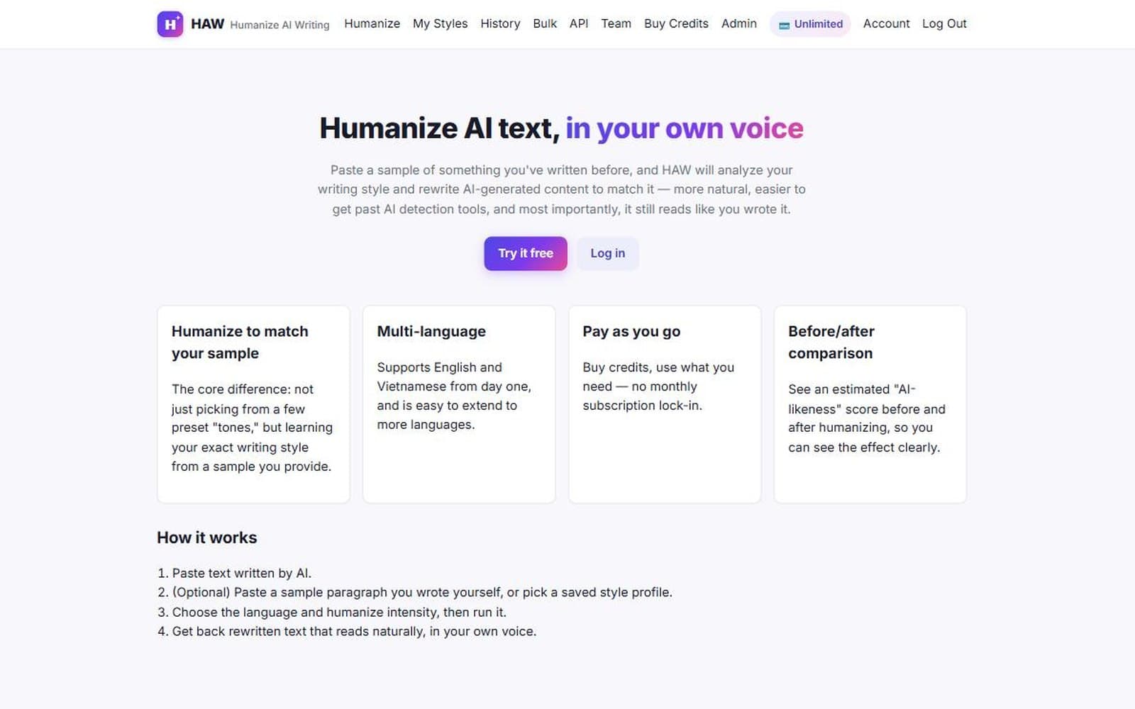 Humanize AI Writing — tool that rewrites AI text to match your own writing sample